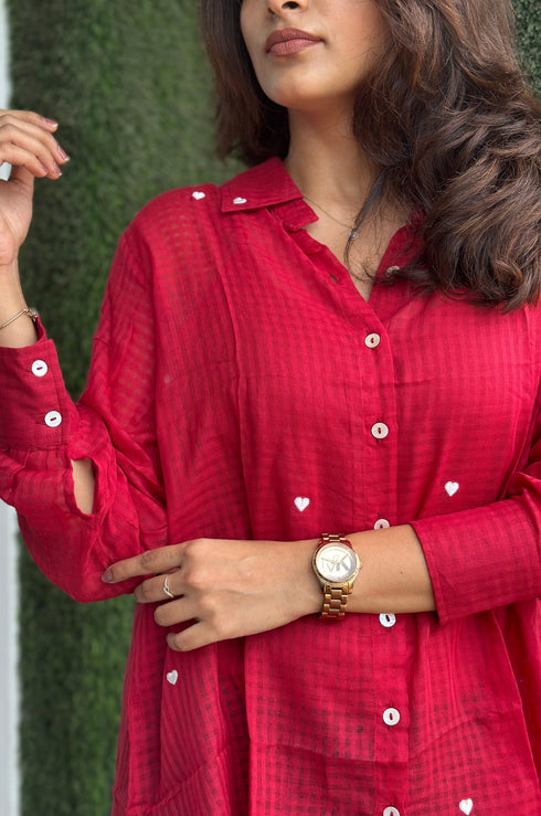 Nayeli Heart Embroidery Shirt (Red & Black)